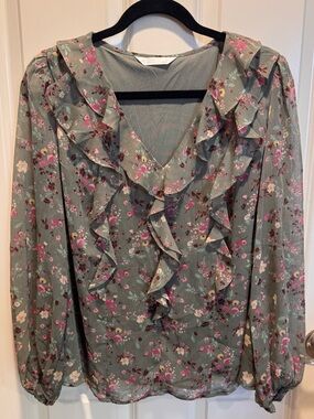 LC Lauren Conrad Sage Floral Ruffle V-Neck Blouse with Pink Accents